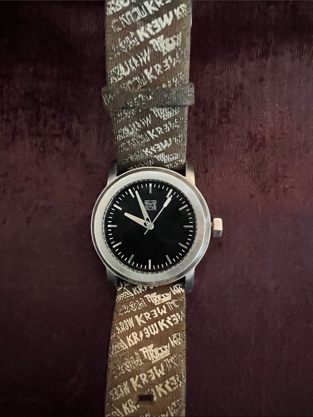 Krew Rockshow Black Dial Watch with Patterned Brown Leather Strap